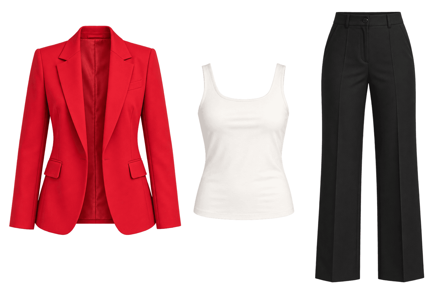The extracted red blazer, white top and black trousers on a transparent background