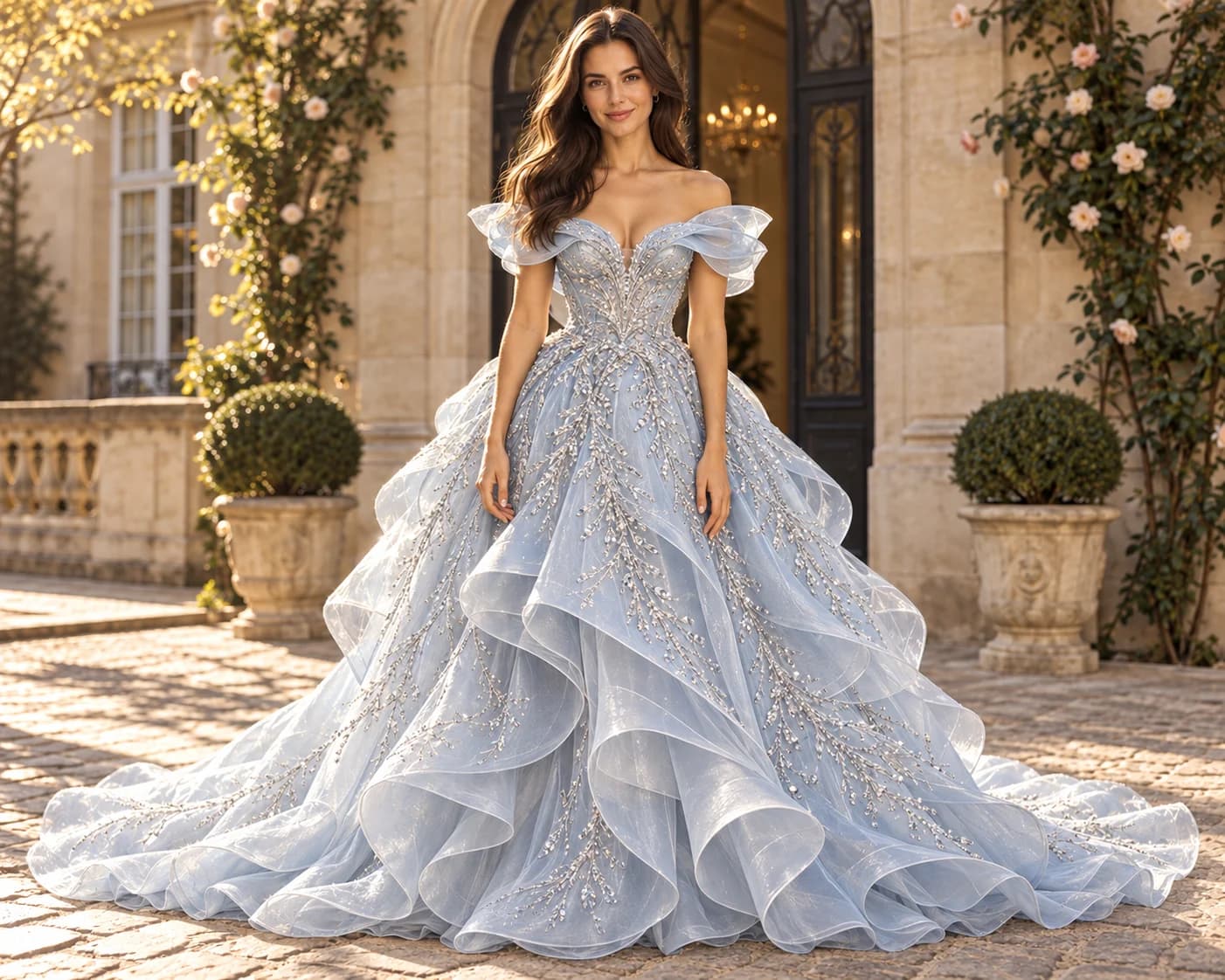 The same woman wearing an ice-blue beaded couture gown