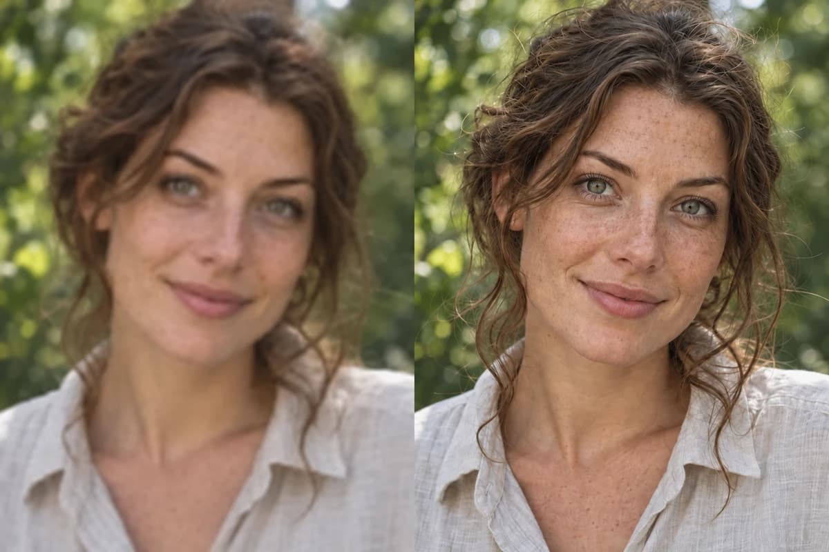 Illustrative comparison: soft portrait on the left, sharper facial and hair detail on the right